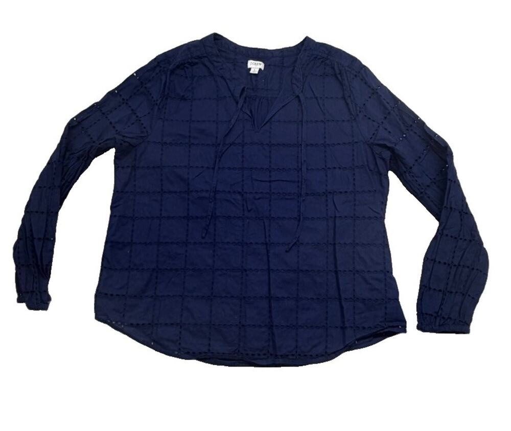 J.Crew Navy Blue Eyelet Cotton Long Sleeve V-Neck Tie Blouse Top Large